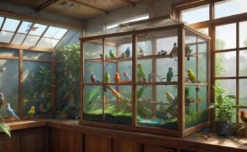 Hyperrealistic, spacious indoor bird aviary, filled with lush greenery, natural wooden perches, and colorful toys. Several vibrant parakeets flutter and play, bathed in soft, natural light streaming through a nearby window. The aviary is clean and well-maintained, creating a healthy and stimulating environment for the birds. No text. Artifact-free rendering. Anatomically correct and flawless details. Eye-catching composition. Dramatic lighting. Depth of field. Leading lines. Interesting perspectives.
