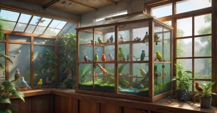 Hyperrealistic, spacious indoor bird aviary, filled with lush greenery, natural wooden perches, and colorful toys. Several vibrant parakeets flutter and play, bathed in soft, natural light streaming through a nearby window. The aviary is clean and well-maintained, creating a healthy and stimulating environment for the birds. No text. Artifact-free rendering. Anatomically correct and flawless details. Eye-catching composition. Dramatic lighting. Depth of field. Leading lines. Interesting perspectives.