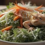 Hyperrealistic, close-up shot of a vibrant salad mix for a bearded dragon, featuring finely chopped endive, grated carrots, diced zucchini, and ungespritzt dandelion greens, displayed in a shallow ceramic dish, under soft, natural lighting, no text. turbo