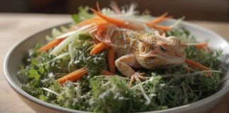 Hyperrealistic, close-up shot of a vibrant salad mix for a bearded dragon, featuring finely chopped endive, grated carrots, diced zucchini, and ungespritzt dandelion greens, displayed in a shallow ceramic dish, under soft, natural lighting, no text. turbo