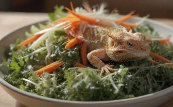 Hyperrealistic, close-up shot of a vibrant salad mix for a bearded dragon, featuring finely chopped endive, grated carrots, diced zucchini, and ungespritzt dandelion greens, displayed in a shallow ceramic dish, under soft, natural lighting, no text. turbo