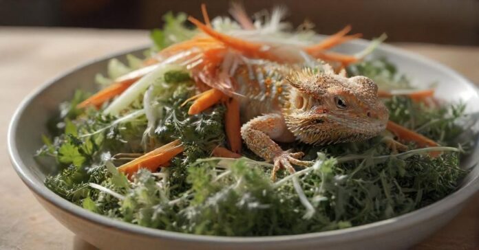Hyperrealistic, close-up shot of a vibrant salad mix for a bearded dragon, featuring finely chopped endive, grated carrots, diced zucchini, and ungespritzt dandelion greens, displayed in a shallow ceramic dish, under soft, natural lighting, no text. turbo