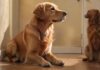 Springt Ihr Hund Menschen zur Begrüßung an? So stoppen Sie es! hyperrealistic photograph of a golden retriever dog sitting calmly with four on the floor, waiting patiently for a treat, a friendly woman reaching down to pet him, warm indoor lighting, soft focus background, no text, nologo, private, safe.