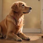 hyperrealistic photograph of a golden retriever dog sitting calmly with four on the floor, waiting patiently for a treat, a friendly woman reaching down to pet him, warm indoor lighting, soft focus background, no text, nologo, private, safe.