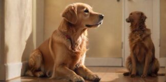 hyperrealistic photograph of a golden retriever dog sitting calmly with four on the floor, waiting patiently for a treat, a friendly woman reaching down to pet him, warm indoor lighting, soft focus background, no text, nologo, private, safe.