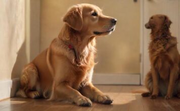 hyperrealistic photograph of a golden retriever dog sitting calmly with four on the floor, waiting patiently for a treat, a friendly woman reaching down to pet him, warm indoor lighting, soft focus background, no text, nologo, private, safe.