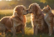 HYPERREALISTIC, PHOTOREALISTIC, ULTRA-DETAILED IMAGE: A GOLDEN RETRIEVER AND A DOMESTIC CAT PLAYING SERENELY IN A VIBRANT, SUNLIT MEADOW. A SOFT, ETHEREAL RAINBOW SUBTLY ARCS ACROSS THE SKY. WARM GOLDEN HOUR LIGHT, VOLUMETRIC LIGHTING, SHALLOW DEPTH OF FIELD. PEACEFUL, HOPEFUL, COMFORTING. NO TEXT, NO ARTIFACTS.