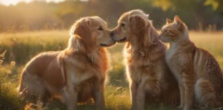 HYPERREALISTIC, PHOTOREALISTIC, ULTRA-DETAILED IMAGE: A GOLDEN RETRIEVER AND A DOMESTIC CAT PLAYING SERENELY IN A VIBRANT, SUNLIT MEADOW. A SOFT, ETHEREAL RAINBOW SUBTLY ARCS ACROSS THE SKY. WARM GOLDEN HOUR LIGHT, VOLUMETRIC LIGHTING, SHALLOW DEPTH OF FIELD. PEACEFUL, HOPEFUL, COMFORTING. NO TEXT, NO ARTIFACTS.