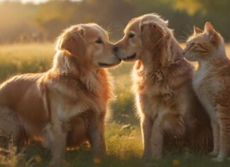 HYPERREALISTIC, PHOTOREALISTIC, ULTRA-DETAILED IMAGE: A GOLDEN RETRIEVER AND A DOMESTIC CAT PLAYING SERENELY IN A VIBRANT, SUNLIT MEADOW. A SOFT, ETHEREAL RAINBOW SUBTLY ARCS ACROSS THE SKY. WARM GOLDEN HOUR LIGHT, VOLUMETRIC LIGHTING, SHALLOW DEPTH OF FIELD. PEACEFUL, HOPEFUL, COMFORTING. NO TEXT, NO ARTIFACTS.