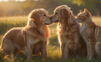 HYPERREALISTIC, PHOTOREALISTIC, ULTRA-DETAILED IMAGE: A GOLDEN RETRIEVER AND A DOMESTIC CAT PLAYING SERENELY IN A VIBRANT, SUNLIT MEADOW. A SOFT, ETHEREAL RAINBOW SUBTLY ARCS ACROSS THE SKY. WARM GOLDEN HOUR LIGHT, VOLUMETRIC LIGHTING, SHALLOW DEPTH OF FIELD. PEACEFUL, HOPEFUL, COMFORTING. NO TEXT, NO ARTIFACTS.