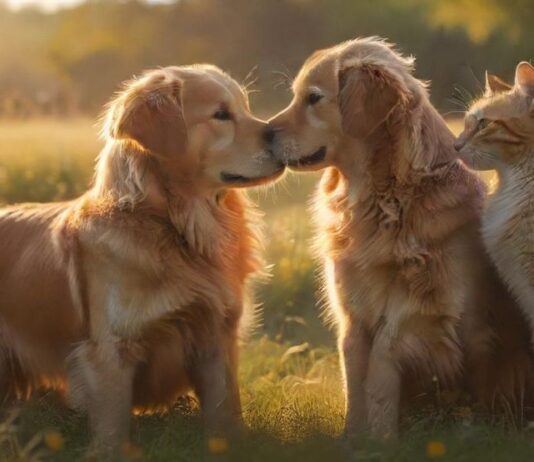 HYPERREALISTIC, PHOTOREALISTIC, ULTRA-DETAILED IMAGE: A GOLDEN RETRIEVER AND A DOMESTIC CAT PLAYING SERENELY IN A VIBRANT, SUNLIT MEADOW. A SOFT, ETHEREAL RAINBOW SUBTLY ARCS ACROSS THE SKY. WARM GOLDEN HOUR LIGHT, VOLUMETRIC LIGHTING, SHALLOW DEPTH OF FIELD. PEACEFUL, HOPEFUL, COMFORTING. NO TEXT, NO ARTIFACTS.