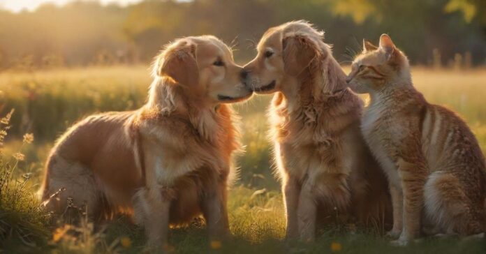 HYPERREALISTIC, PHOTOREALISTIC, ULTRA-DETAILED IMAGE: A GOLDEN RETRIEVER AND A DOMESTIC CAT PLAYING SERENELY IN A VIBRANT, SUNLIT MEADOW. A SOFT, ETHEREAL RAINBOW SUBTLY ARCS ACROSS THE SKY. WARM GOLDEN HOUR LIGHT, VOLUMETRIC LIGHTING, SHALLOW DEPTH OF FIELD. PEACEFUL, HOPEFUL, COMFORTING. NO TEXT, NO ARTIFACTS.