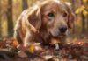 Hyperrealistic close-up of a curious golden retriever sniffing a vibrant autumn forest floor. Golden sunlight filters through trees, illuminating scattered fallen leaves, shiny acorns, horse chestnuts, and a small, partially hidden mushroom. Intricate fur texture, wet nose, shallow depth of field. Photorealistic, no text, no artifacts.