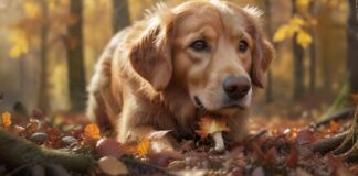 Hyperrealistic close-up of a curious golden retriever sniffing a vibrant autumn forest floor. Golden sunlight filters through trees, illuminating scattered fallen leaves, shiny acorns, horse chestnuts, and a small, partially hidden mushroom. Intricate fur texture, wet nose, shallow depth of field. Photorealistic, no text, no artifacts.