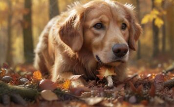 Hyperrealistic close-up of a curious golden retriever sniffing a vibrant autumn forest floor. Golden sunlight filters through trees, illuminating scattered fallen leaves, shiny acorns, horse chestnuts, and a small, partially hidden mushroom. Intricate fur texture, wet nose, shallow depth of field. Photorealistic, no text, no artifacts.