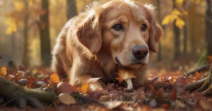 Hyperrealistic close-up of a curious golden retriever sniffing a vibrant autumn forest floor. Golden sunlight filters through trees, illuminating scattered fallen leaves, shiny acorns, horse chestnuts, and a small, partially hidden mushroom. Intricate fur texture, wet nose, shallow depth of field. Photorealistic, no text, no artifacts.