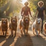 Hyperrealistic photograph of a professional dog walker, a person in their 30s, confidently leading a diverse pack of four happy dogs (e.g., Golden Retriever, German Shepherd, small terrier, fluffy poodle) on a sun-dappled, leafy park trail. Golden hour light creates warm hues and long shadows. Focus on detailed fur textures, natural movement, and a serene outdoor environment. Absolutely no text or letters.