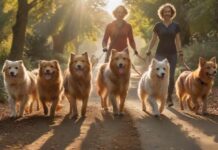 Hyperrealistic photograph of a professional dog walker, a person in their 30s, confidently leading a diverse pack of four happy dogs (e.g., Golden Retriever, German Shepherd, small terrier, fluffy poodle) on a sun-dappled, leafy park trail. Golden hour light creates warm hues and long shadows. Focus on detailed fur textures, natural movement, and a serene outdoor environment. Absolutely no text or letters.