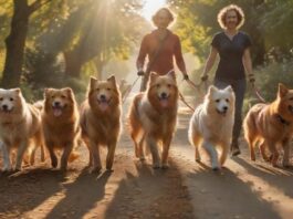 Hyperrealistic photograph of a professional dog walker, a person in their 30s, confidently leading a diverse pack of four happy dogs (e.g., Golden Retriever, German Shepherd, small terrier, fluffy poodle) on a sun-dappled, leafy park trail. Golden hour light creates warm hues and long shadows. Focus on detailed fur textures, natural movement, and a serene outdoor environment. Absolutely no text or letters.