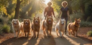 Hyperrealistic photograph of a professional dog walker, a person in their 30s, confidently leading a diverse pack of four happy dogs (e.g., Golden Retriever, German Shepherd, small terrier, fluffy poodle) on a sun-dappled, leafy park trail. Golden hour light creates warm hues and long shadows. Focus on detailed fur textures, natural movement, and a serene outdoor environment. Absolutely no text or letters.