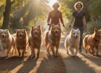Als Gassigänger Geld verdienen: So wird der Traum zum Job! Hyperrealistic photograph of a professional dog walker, a person in their 30s, confidently leading a diverse pack of four happy dogs (e.g., Golden Retriever, German Shepherd, small terrier, fluffy poodle) on a sun-dappled, leafy park trail. Golden hour light creates warm hues and long shadows. Focus on detailed fur textures, natural movement, and a serene outdoor environment. Absolutely no text or letters.