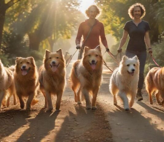 Hyperrealistic photograph of a professional dog walker, a person in their 30s, confidently leading a diverse pack of four happy dogs (e.g., Golden Retriever, German Shepherd, small terrier, fluffy poodle) on a sun-dappled, leafy park trail. Golden hour light creates warm hues and long shadows. Focus on detailed fur textures, natural movement, and a serene outdoor environment. Absolutely no text or letters.
