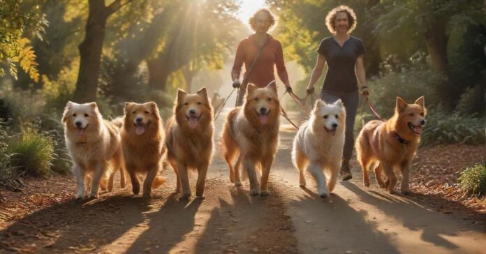 Hyperrealistic photograph of a professional dog walker, a person in their 30s, confidently leading a diverse pack of four happy dogs (e.g., Golden Retriever, German Shepherd, small terrier, fluffy poodle) on a sun-dappled, leafy park trail. Golden hour light creates warm hues and long shadows. Focus on detailed fur textures, natural movement, and a serene outdoor environment. Absolutely no text or letters.