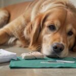 Hyperrealistic close-up of a calm, healthy Golden Retriever dog, its paw resting gently near an open, organized dog first aid kit. Sterile bandages, medical scissors, antiseptic spray, and a thermometer are neatly arranged. Natural, soft diffused lighting with shallow depth of field. Photorealistic, artifact-free, no text or symbols.