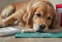 Hyperrealistic close-up of a calm, healthy Golden Retriever dog, its paw resting gently near an open, organized dog first aid kit. Sterile bandages, medical scissors, antiseptic spray, and a thermometer are neatly arranged. Natural, soft diffused lighting with shallow depth of field. Photorealistic, artifact-free, no text or symbols.