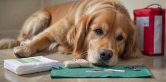Hyperrealistic close-up of a calm, healthy Golden Retriever dog, its paw resting gently near an open, organized dog first aid kit. Sterile bandages, medical scissors, antiseptic spray, and a thermometer are neatly arranged. Natural, soft diffused lighting with shallow depth of field. Photorealistic, artifact-free, no text or symbols.