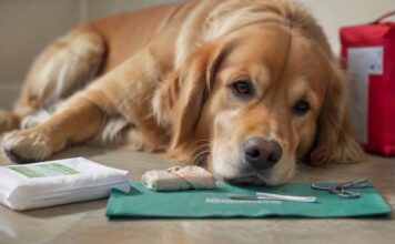Das perfekte Erste-Hilfe-Set für den Hund: Diese Dinge dürfen nicht fehlen! Hyperrealistic close-up of a calm, healthy Golden Retriever dog, its paw resting gently near an open, organized dog first aid kit. Sterile bandages, medical scissors, antiseptic spray, and a thermometer are neatly arranged. Natural, soft diffused lighting with shallow depth of field. Photorealistic, artifact-free, no text or symbols.
