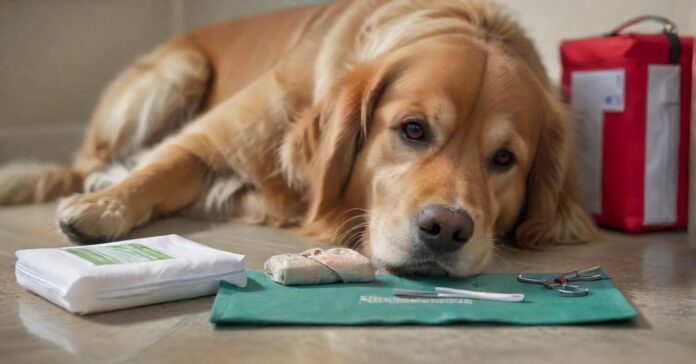 Hyperrealistic close-up of a calm, healthy Golden Retriever dog, its paw resting gently near an open, organized dog first aid kit. Sterile bandages, medical scissors, antiseptic spray, and a thermometer are neatly arranged. Natural, soft diffused lighting with shallow depth of field. Photorealistic, artifact-free, no text or symbols.