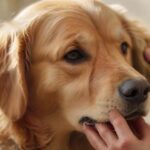 A weary-looking golden retriever, close-up. A human hand gently pinches a fold of skin on its neck, testing for dehydration. The fur is detailed and soft. Natural, diffused lighting, shallow depth of field. Hyperrealistic photograph, no text, no artifacts.