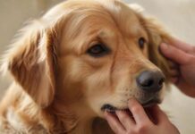 A weary-looking golden retriever, close-up. A human hand gently pinches a fold of skin on its neck, testing for dehydration. The fur is detailed and soft. Natural, diffused lighting, shallow depth of field. Hyperrealistic photograph, no text, no artifacts.