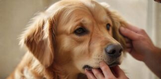 A weary-looking golden retriever, close-up. A human hand gently pinches a fold of skin on its neck, testing for dehydration. The fur is detailed and soft. Natural, diffused lighting, shallow depth of field. Hyperrealistic photograph, no text, no artifacts.