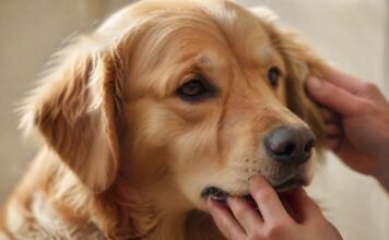 A weary-looking golden retriever, close-up. A human hand gently pinches a fold of skin on its neck, testing for dehydration. The fur is detailed and soft. Natural, diffused lighting, shallow depth of field. Hyperrealistic photograph, no text, no artifacts.