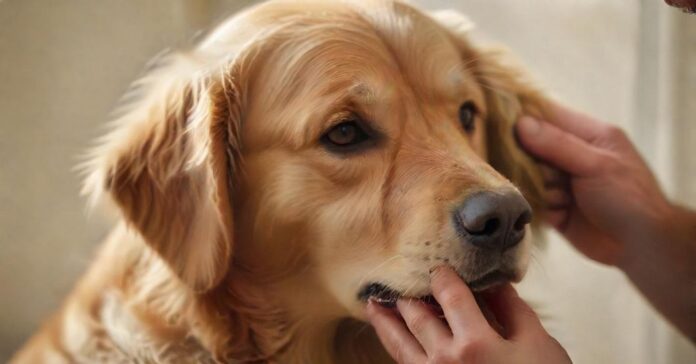 A weary-looking golden retriever, close-up. A human hand gently pinches a fold of skin on its neck, testing for dehydration. The fur is detailed and soft. Natural, diffused lighting, shallow depth of field. Hyperrealistic photograph, no text, no artifacts.
