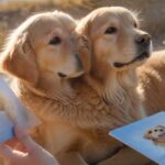 A hyperrealistic photograph of a Golden Retriever dog, calm and happy, sitting next to a human hand gently touching a generic, plain blue booklet. The background features a beautiful, sun-drenched European landscape with soft focus. Detailed fur, realistic skin textures, and natural lighting. Professional photography, absolutely no text or letters, no artifacts.