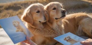 A hyperrealistic photograph of a Golden Retriever dog, calm and happy, sitting next to a human hand gently touching a generic, plain blue booklet. The background features a beautiful, sun-drenched European landscape with soft focus. Detailed fur, realistic skin textures, and natural lighting. Professional photography, absolutely no text or letters, no artifacts.