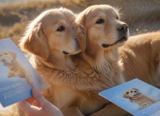 A hyperrealistic photograph of a Golden Retriever dog, calm and happy, sitting next to a human hand gently touching a generic, plain blue booklet. The background features a beautiful, sun-drenched European landscape with soft focus. Detailed fur, realistic skin textures, and natural lighting. Professional photography, absolutely no text or letters, no artifacts.