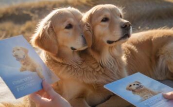 A hyperrealistic photograph of a Golden Retriever dog, calm and happy, sitting next to a human hand gently touching a generic, plain blue booklet. The background features a beautiful, sun-drenched European landscape with soft focus. Detailed fur, realistic skin textures, and natural lighting. Professional photography, absolutely no text or letters, no artifacts.