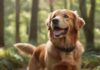 A hyperrealistic, high-resolution photograph of a happy, alert Golden Retriever wearing a sleek, modern GPS tracker on its collar. The dog is in a lush, sun-dappled forest clearing. Dynamic lighting, detailed fur texture, shallow depth of field, natural colors. No text or artifacts.