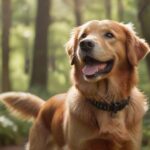 A hyperrealistic, high-resolution photograph of a happy, alert Golden Retriever wearing a sleek, modern GPS tracker on its collar. The dog is in a lush, sun-dappled forest clearing. Dynamic lighting, detailed fur texture, shallow depth of field, natural colors. No text or artifacts.