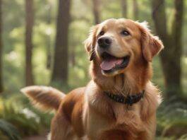 A hyperrealistic, high-resolution photograph of a happy, alert Golden Retriever wearing a sleek, modern GPS tracker on its collar. The dog is in a lush, sun-dappled forest clearing. Dynamic lighting, detailed fur texture, shallow depth of field, natural colors. No text or artifacts.