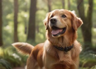 A hyperrealistic, high-resolution photograph of a happy, alert Golden Retriever wearing a sleek, modern GPS tracker on its collar. The dog is in a lush, sun-dappled forest clearing. Dynamic lighting, detailed fur texture, shallow depth of field, natural colors. No text or artifacts.
