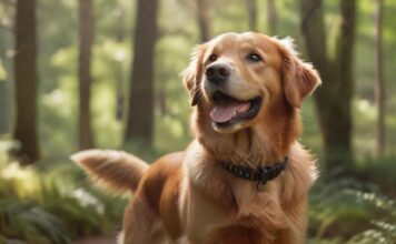 A hyperrealistic, high-resolution photograph of a happy, alert Golden Retriever wearing a sleek, modern GPS tracker on its collar. The dog is in a lush, sun-dappled forest clearing. Dynamic lighting, detailed fur texture, shallow depth of field, natural colors. No text or artifacts.