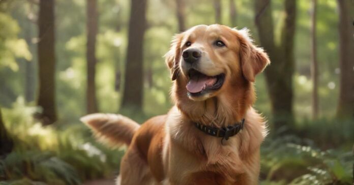 A hyperrealistic, high-resolution photograph of a happy, alert Golden Retriever wearing a sleek, modern GPS tracker on its collar. The dog is in a lush, sun-dappled forest clearing. Dynamic lighting, detailed fur texture, shallow depth of field, natural colors. No text or artifacts.