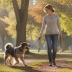 Der Hundeführerschein: Was er ist, wo er Pflicht ist und was er kostet! Hyperrealistic photograph of a calm, responsible adult with their well-behaved medium-sized dog walking on leash in a sunlit park. The dog is attentive, making eye contact, showcasing their strong bond and the owner's competence. Natural daylight, shallow depth of field. Absolutely no text, letters, or writing visible anywhere. No artifacts.