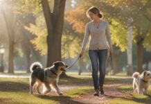 Hyperrealistic photograph of a calm, responsible adult with their well-behaved medium-sized dog walking on leash in a sunlit park. The dog is attentive, making eye contact, showcasing their strong bond and the owner's competence. Natural daylight, shallow depth of field. Absolutely no text, letters, or writing visible anywhere. No artifacts.
