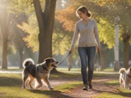 Hyperrealistic photograph of a calm, responsible adult with their well-behaved medium-sized dog walking on leash in a sunlit park. The dog is attentive, making eye contact, showcasing their strong bond and the owner's competence. Natural daylight, shallow depth of field. Absolutely no text, letters, or writing visible anywhere. No artifacts.